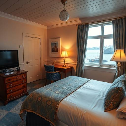 A cozy room at The Beachcomber Inn in Norfolk, decorated in a nautical theme.