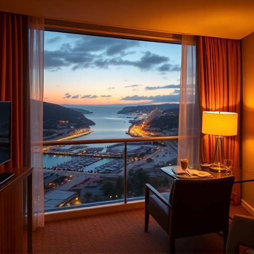 A warmly lit suite with a balcony at The Seafarer's Inn, overlooking a bustling harbor