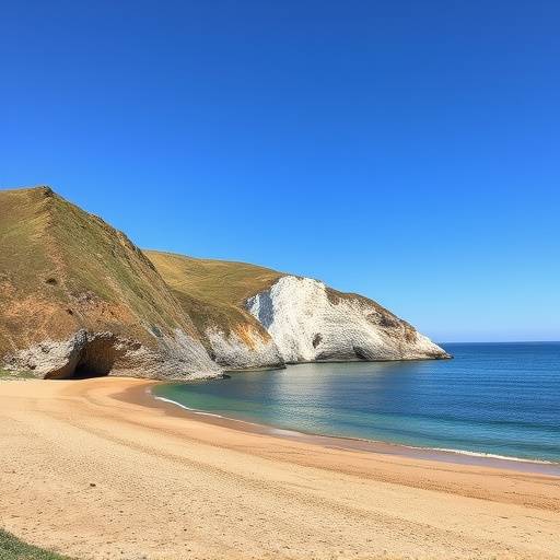 Dramatic cliffs and sandy beach at Lulworth Cove, Dorset