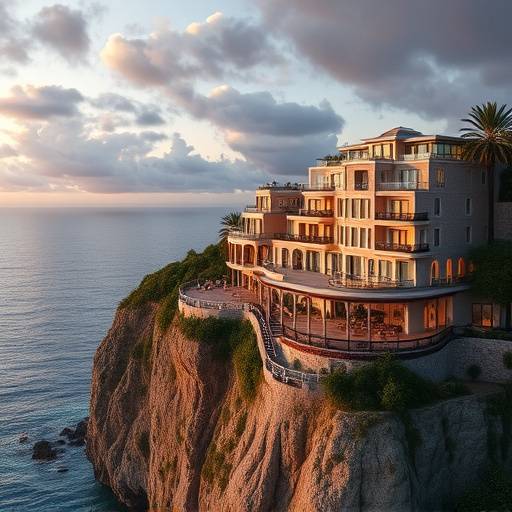 Exterior view of the luxurious Cliffside Manor hotel, overlooking the ocean