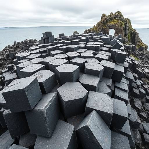 Scenic view of the Giant's Causeway, Northern Ireland with hexagonal basalt columns