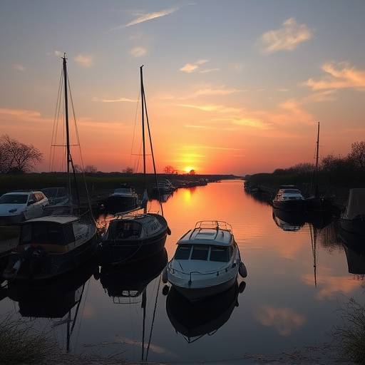 Sunset view of the Norfolk Broads with boats moored on the water