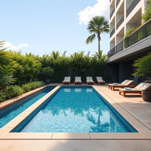 The outdoor pool and patio area at Coastal Dreams Hotel in Devon, surrounded by lush greenery.