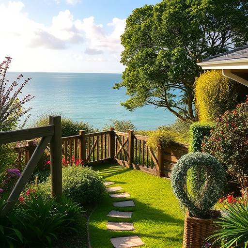 Tranquil garden setting with a view of the sea at Seagull's Rest, a peaceful retreat in Devon