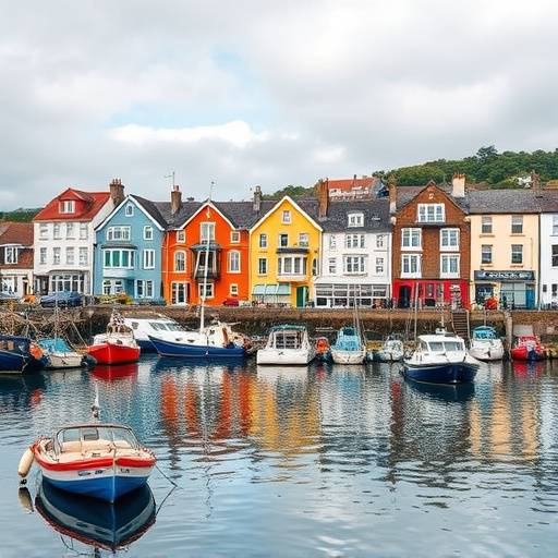 View of the harbor in Tenby, Pembrokeshire, Wales with colorful buildings